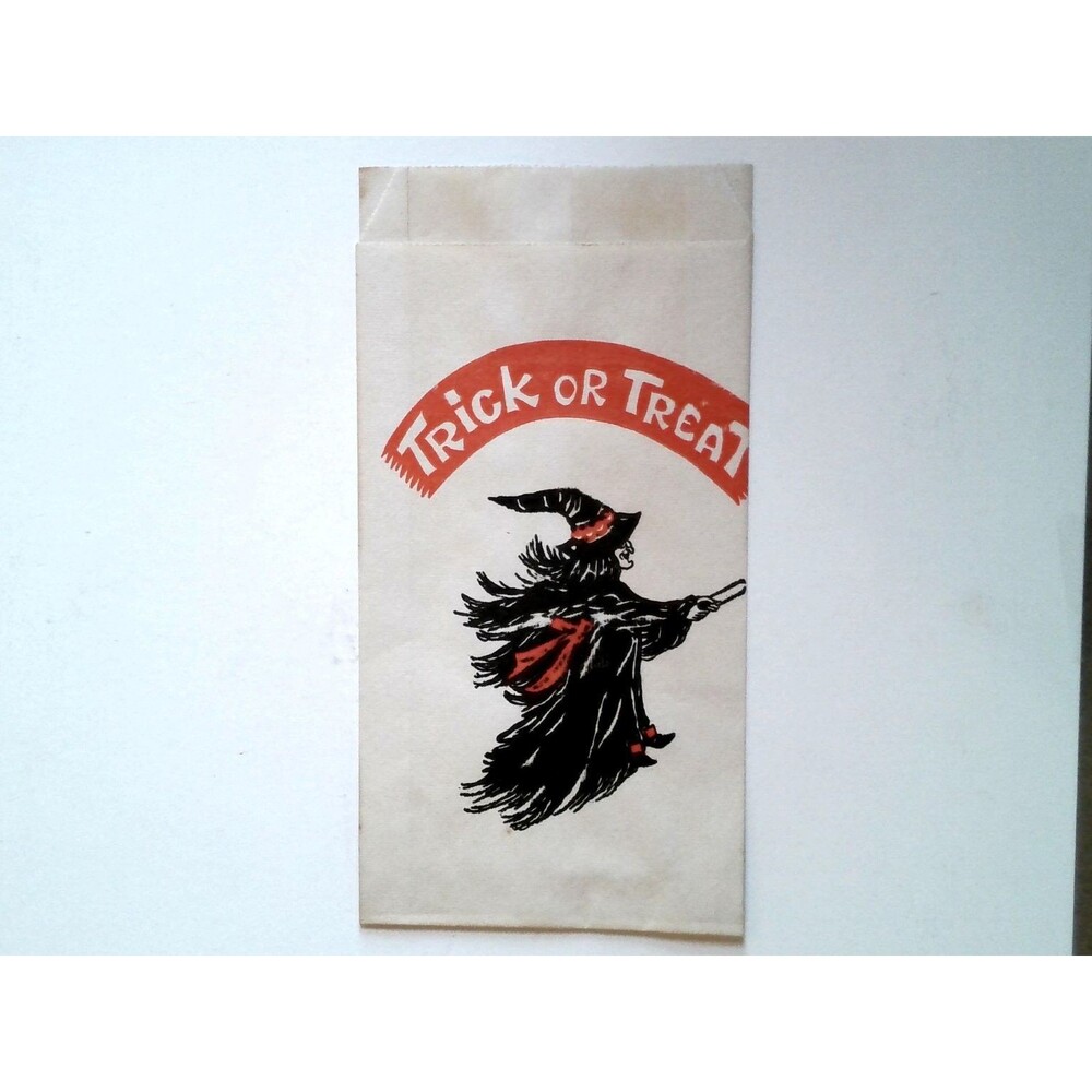 Vintage Halloween Trick or Treat Paper Bag Flying Witch Small Collectible